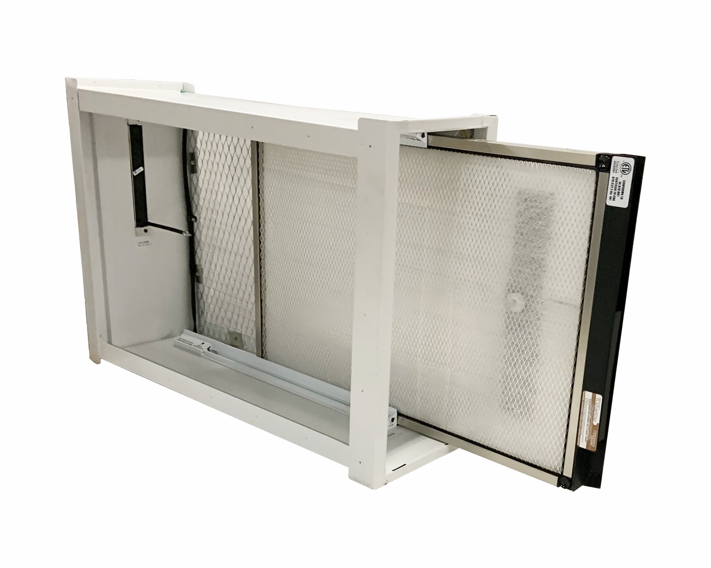ECOairflow Dynamo filter sliding into a converted 5″ wide filter cabinet