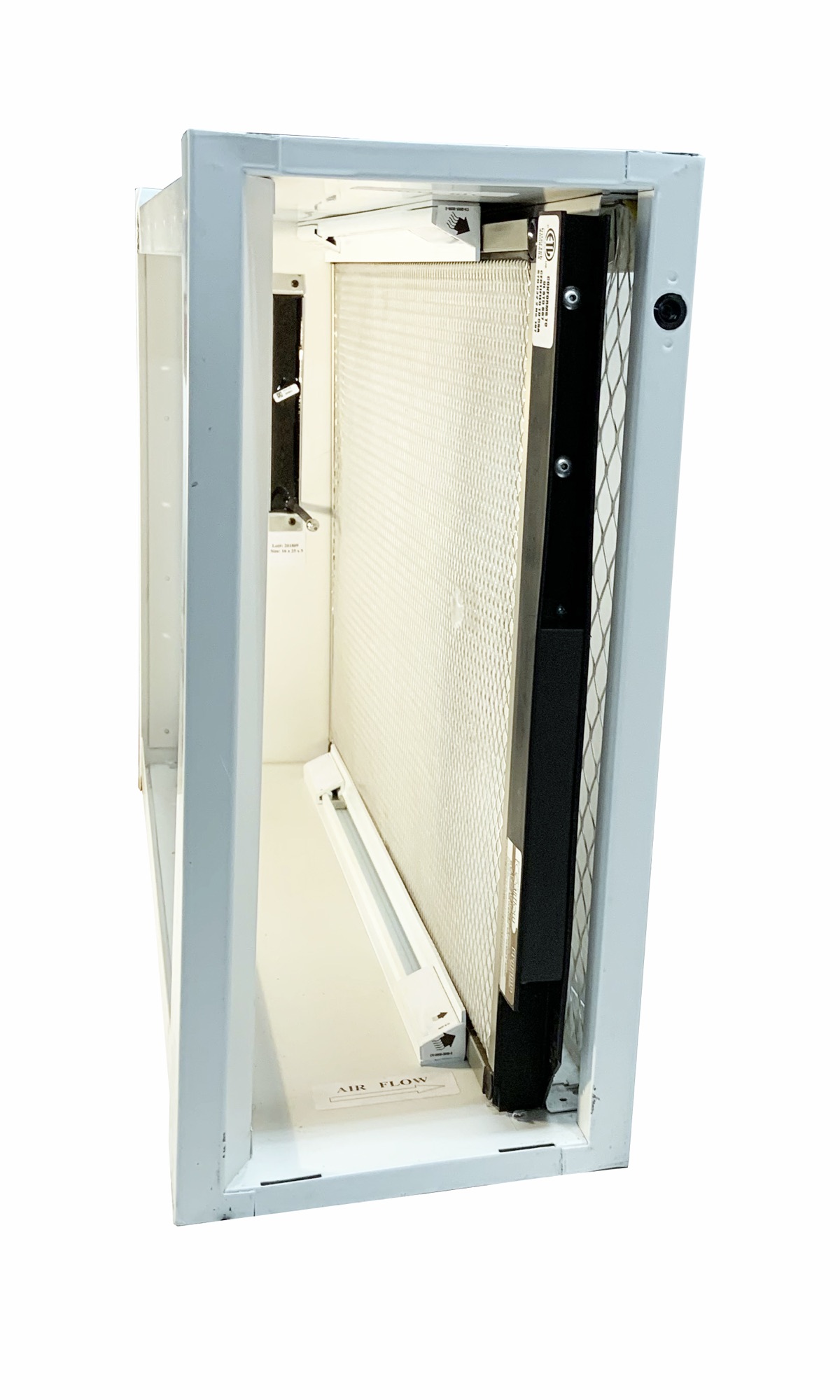 ECOairflow Cabinet Conversion Kit adaptor rails installed in a 5″ wide filter cabinet, holding a 1″ ECOairflow filter