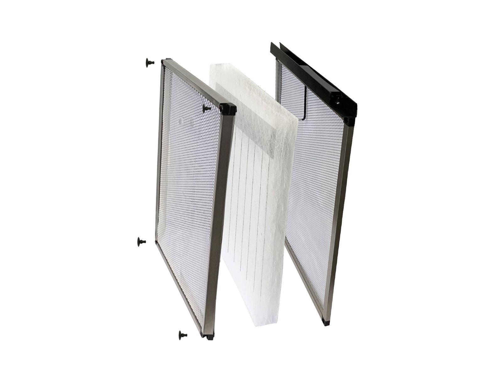 Dynamo™ 1″ filter shown in three pieces: frame, removable media pad and frame
